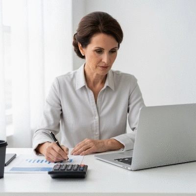 Small business owner calculating ROI for predictive analytics on a laptop
