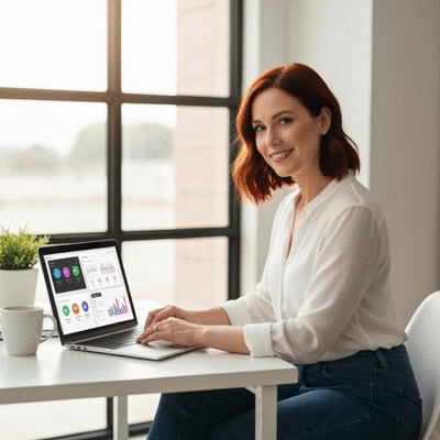 Small business owner using AI tools for social media management on a laptop