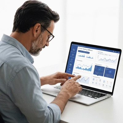 Person interacting with AI email marketing platform on a laptop