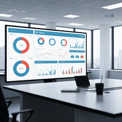 Graphical representation of ROI metrics for AI implementation, charts and graphs, modern office setting, no text, no words, no typography, 8K