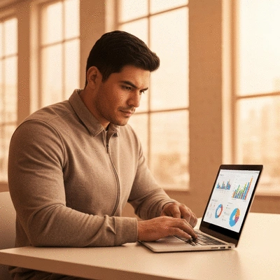 Small business owner analyzing AI marketing tool data on a laptop with charts and graphs, clean office background, no text, no words, no typography