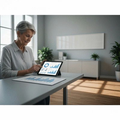 Business owner looking at predictive analytics graphs on a tablet