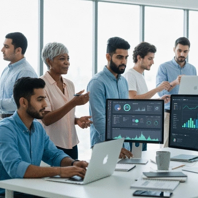 Diverse team collaborating on a social media strategy using AI tools in a modern office