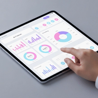 AI-powered dashboard showing marketing metrics, charts, and data points, with a hand interacting with a tablet, modern clean interface, no text, no words, no typography
