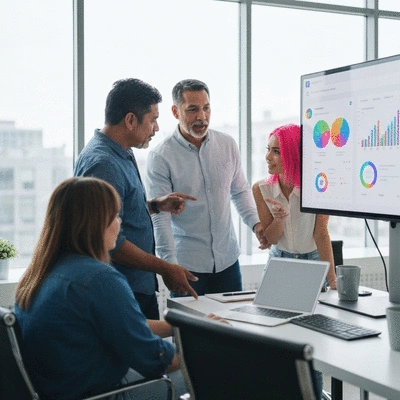 Diverse small business team collaborating on a CRM dashboard, clean image