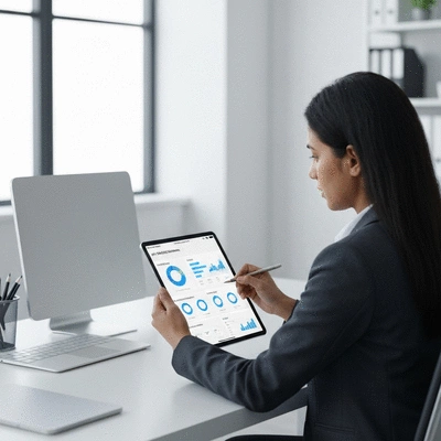 Business professional comparing different AI CRM software options on a tablet, with charts and data, in a modern office setting