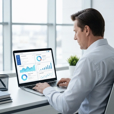 Small business owner using AI CRM dashboard on a laptop, showing automated tasks and customer insights