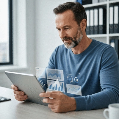 Small business owner analyzing CRM data on a tablet, with AI-powered insights displayed, clean image