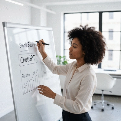 Small business owner planning ChatGPT strategy on a whiteboard.
