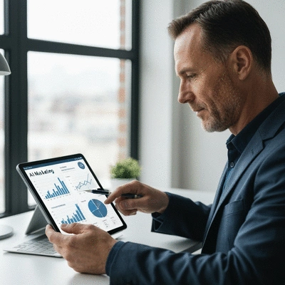 Small business owner analyzing AI marketing data on a tablet with charts and graphs