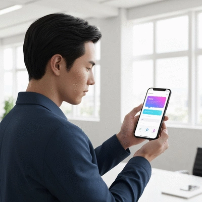 Person interacting with AI chatbot on a smartphone, clean modern interface, bright office background, no text, no words, no typography, 8K