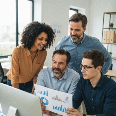 Diverse small business team collaborating on AI marketing strategy